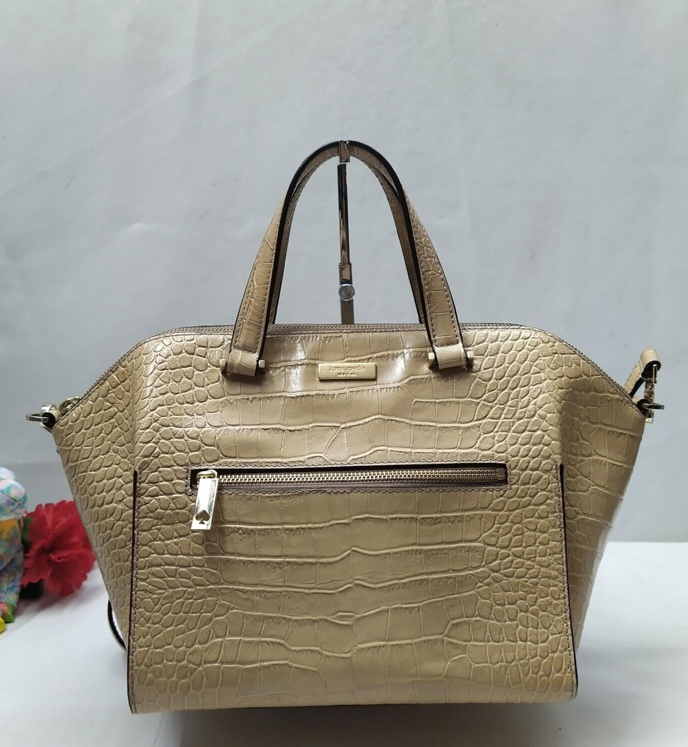 Kate Spade Parliament Yellow Tan Leather Crocodile Embossed Zipper Satchel Bag